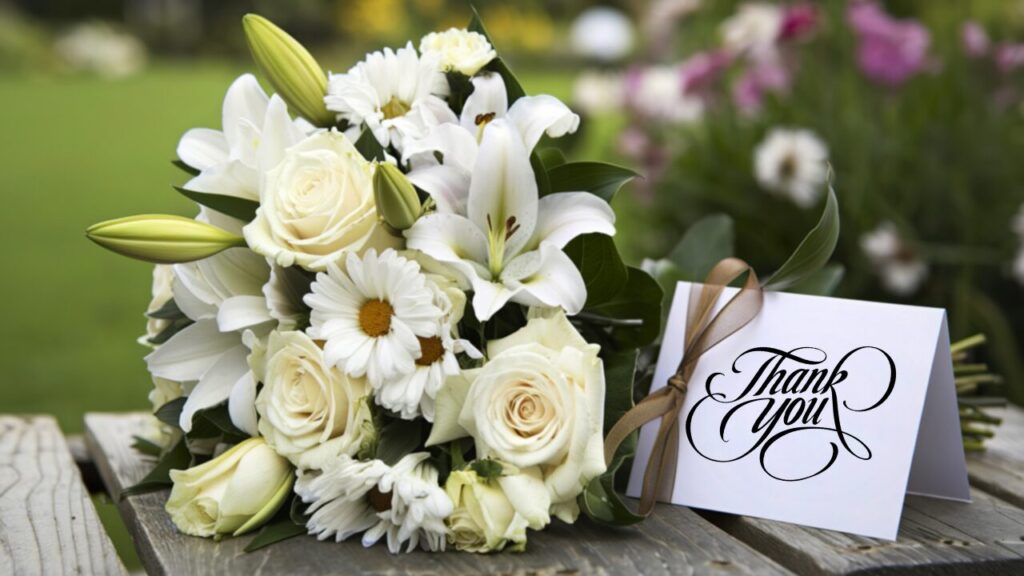 A photo of a white flower bouquet with a blank card